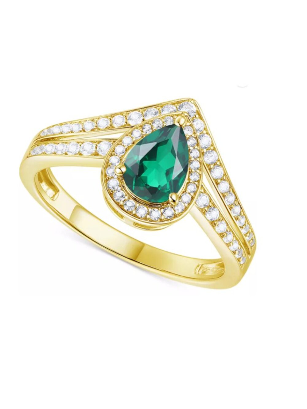 Lab Grown Emerald & White Sapphire Halo V Ring 14K Gold Plated Sterling Silver |